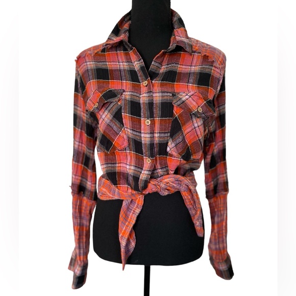 Free People We the Free Womens Multicolor Plaid Tie Waist Button Up Top Size M - Picture 12 of 12